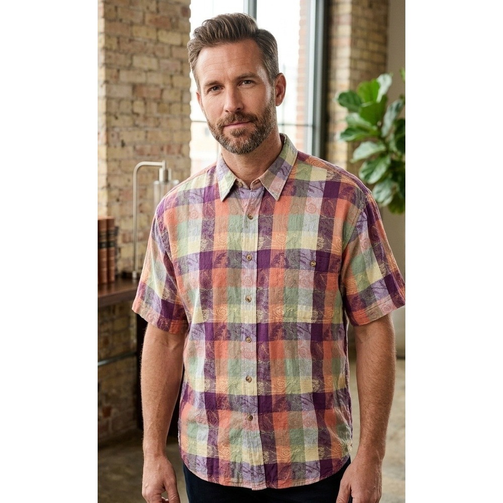 At Ease Two-Ply Cotton Plaid Jacquard Floral Short Sleeve Button Shirt Men's XL